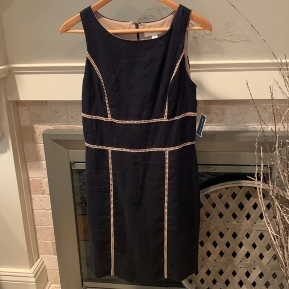 Kenar 100% Linen Brand New Sheath midi dress size 2 black tan fully lined